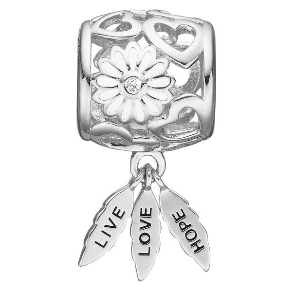 LIVE, LOVE, HOPE sølvcharm med emaljeblomst og zirkonia fra Christina Jewelry & Watches til læderarmbånd.